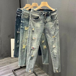 高品质夏季新款男士破洞牛仔裤韩版紧身九分裤青年弹力小脚长裤