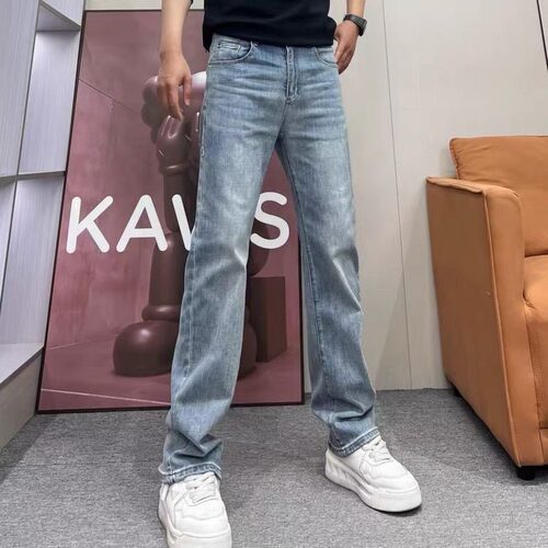 高端浅蓝色牛仔裤男弹力直筒潮流水洗做旧椰树刺绣美式休闲长裤