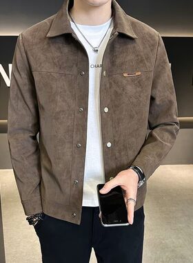 2026新款春秋季夹克男痞帅潮牌高端翻领麂皮秋装上衣男士潮流外套
