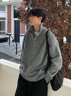 黑色韩系高领毛衣男款冬季老钱风亨利领针织衫高级感加厚内搭卫衣