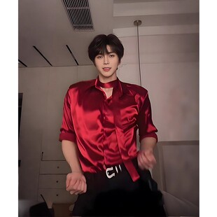 红色缎面衬衫男禁欲系新中式男装飘带垫肩衬衣内搭高级感痞帅外套