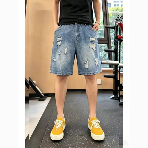 夏季美式休闲痞帅复古做旧破洞牛仔短裤男直筒宽松高街五分裤子潮
