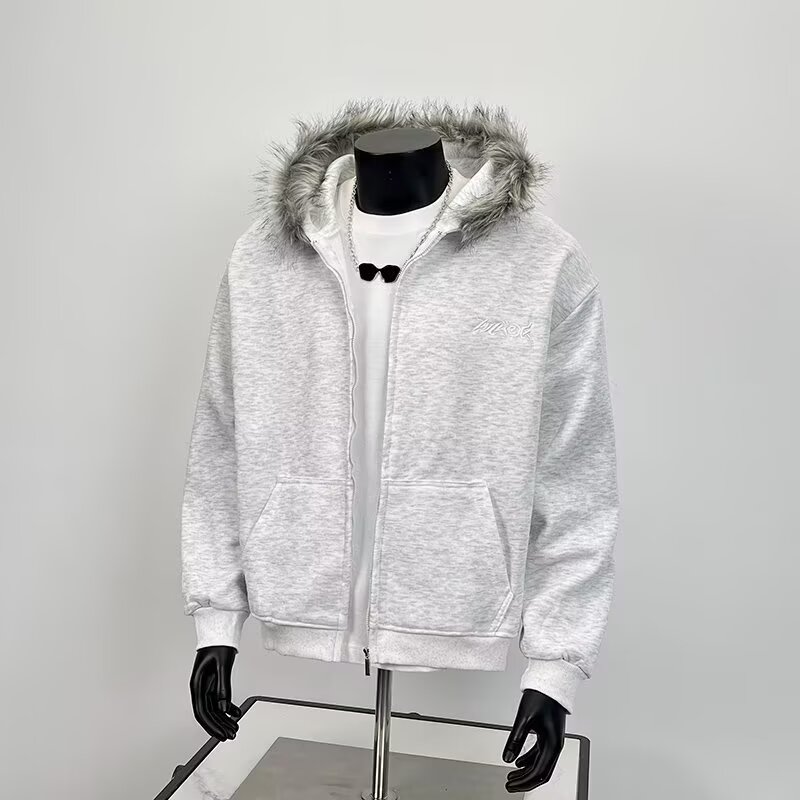 潮牌连帽开衫卫衣男士秋冬新款宽松重磅夹克百搭纯色拉链外套