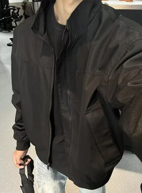 美式正肩教练夹克男士春季痞帅短款飞行员外套黑色防风防水机车服