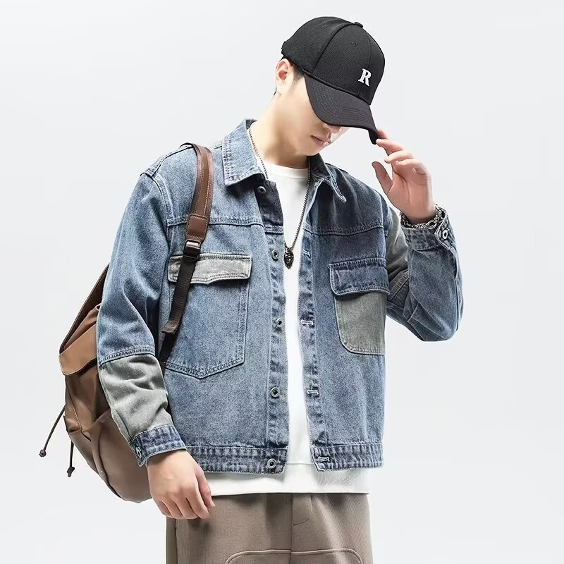 春秋季拼接撞色牛仔外套男韩版潮流帅气宽松工装夹克日系复古褂子
