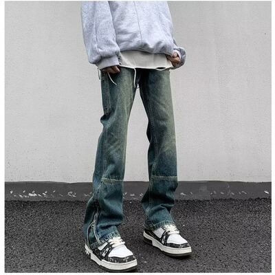 美式复古高街黄泥染牛仔裤男春秋新款vibe痞帅炸街修身显瘦直筒裤