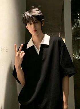 假两件v领短袖男款夏季美式高街潮牌翻领重磅半袖t恤青少年polo衫