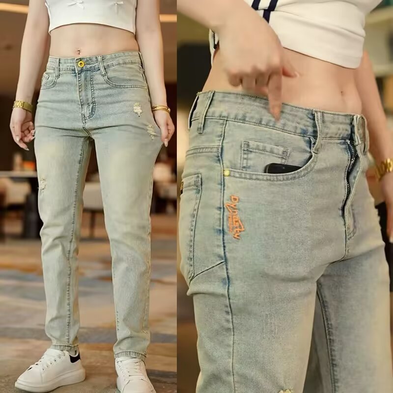 破洞牛仔裤男士夏季薄款修身直筒长裤弹力百搭复古刺绣休闲裤子男