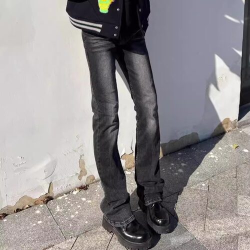 黑灰色闪电纹微喇牛仔裤男美式高街vibe风裤子cleanfit直筒弯刀裤