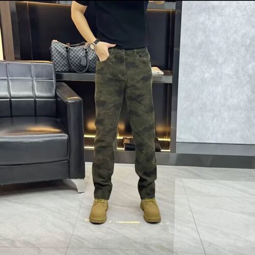 美式复古迷彩修身牛仔裤男202新款高腰显瘦窄版直筒休闲拖地长裤