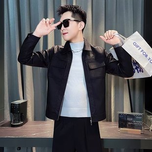 皮夹克翻领休闲上衣潮流商务男士 2025春秋季 短款 皮衣修身 外套 新款