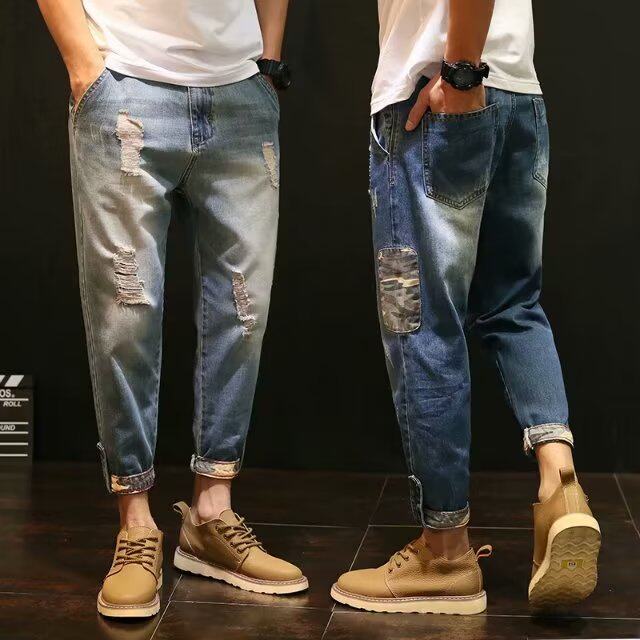 夏季阔腿牛仔裤男宽松直筒大码胖子九分老爹男裤屁股大腿粗的裤子