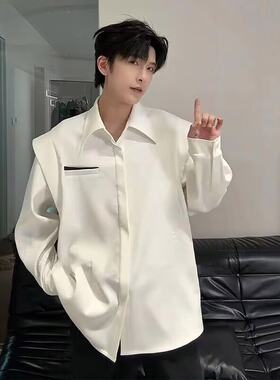 小众设计感假两件白色垫肩衬衫男高级感时尚潮流韩系穿搭长袖衬衣