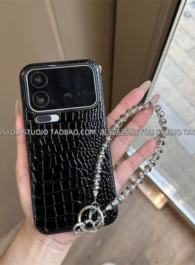 适用小米17Promax保护套新款17Pro高级感轻奢超好看黑色鳄鱼纹皮质壳闪钻手提链条挂绳便携气质女生防摔外壳