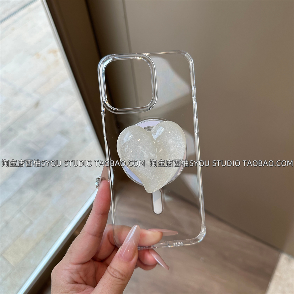 适用苹果16promax手机壳iPhone15保护套14新款小众高级感轻奢气质高档亚克力透明壳爱心磁吸支架女生防摔外壳