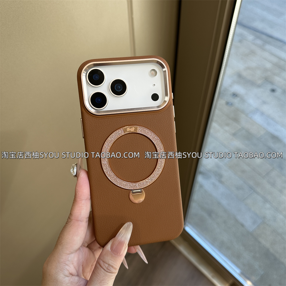 适用苹果17Promax手机壳iPhone16Promax保护套15新款轻奢高级感棕色皮纹点妆支点支架全包防摔女生超好看外壳