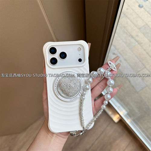 适用苹果17Promax手机壳iPhone16PRO保护套15纯白波漾液态硅胶土星珍珠链银色满钻磁吸支架新款高级感气质女