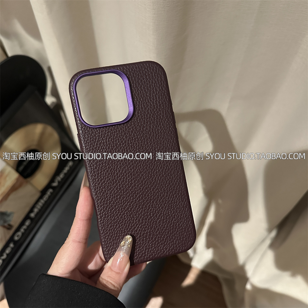 【磁吸 荔枝皮纹 手感好】适用苹果16Promax手机壳iPhone15保护套14高级感金属镜框新款暗紫轻奢简约气质男女