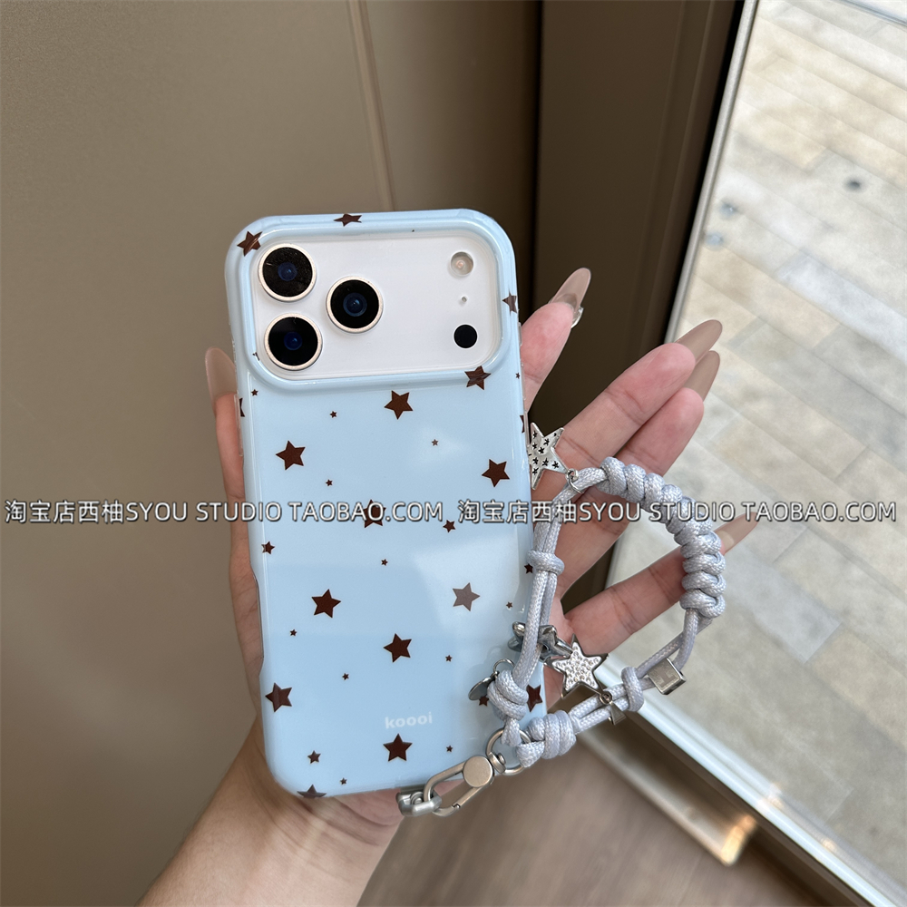 适用苹果17Promax手机壳iPhone16保护套15新款蓝色星星软胶壳全包轻奢高级感气质好看星星元素手提绳防摔女生