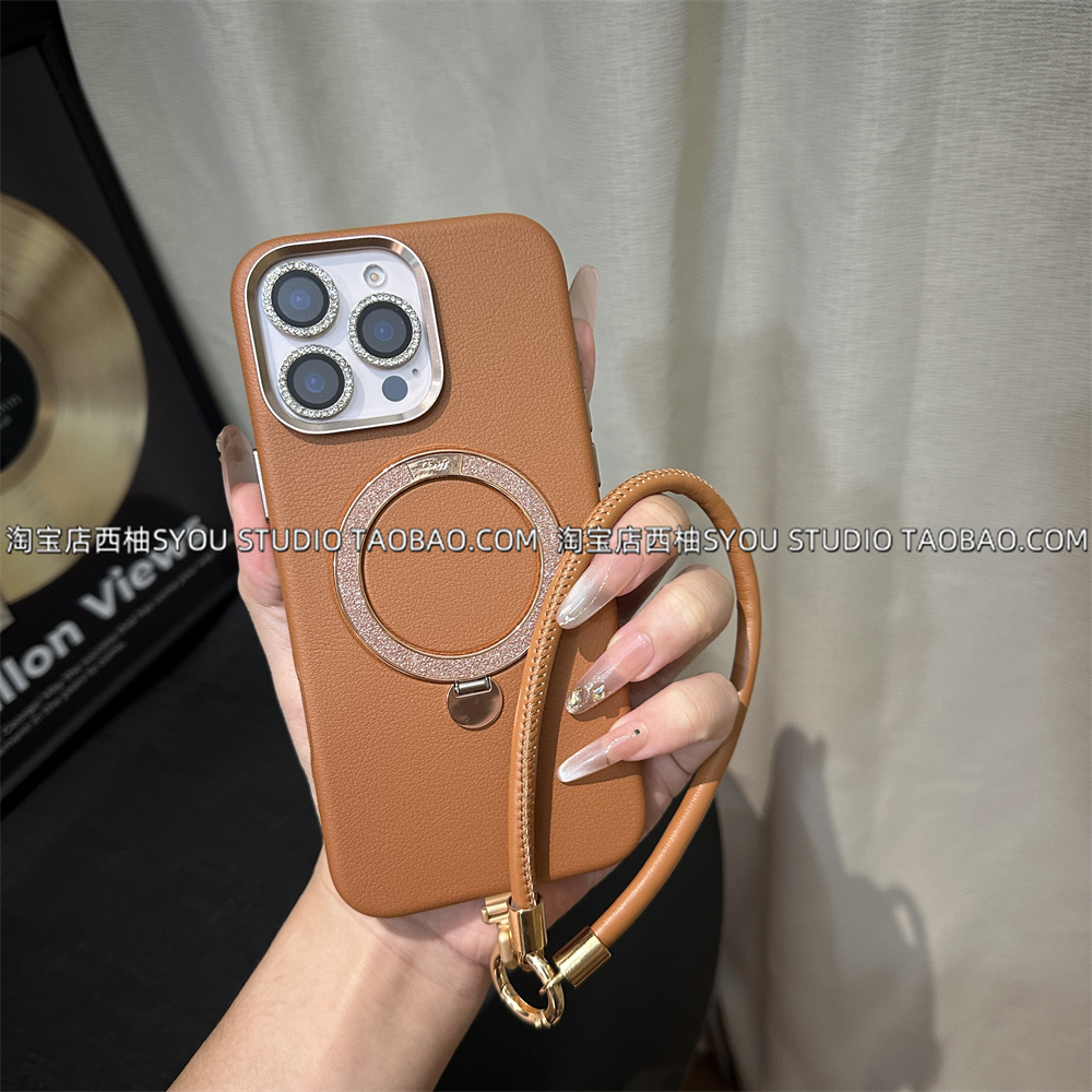 适用苹果16Promax手机壳iPhone15保护套新款棕色磁吸支点皮壳手提绳小众设计轻奢高级感网红个性气质女外壳