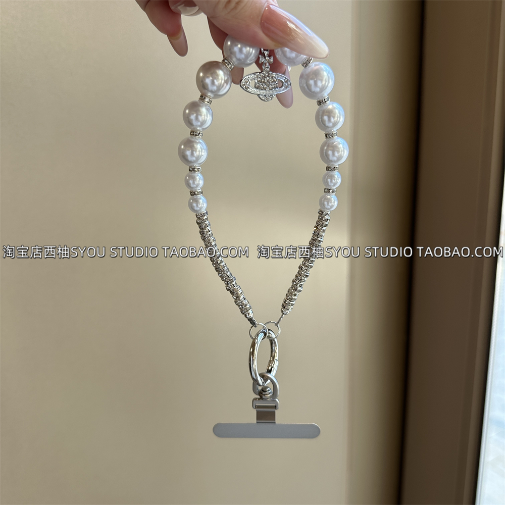 奢华高级感手腕挂绳链条金属夹片土星挂饰珍珠手链轻奢包包挂件女