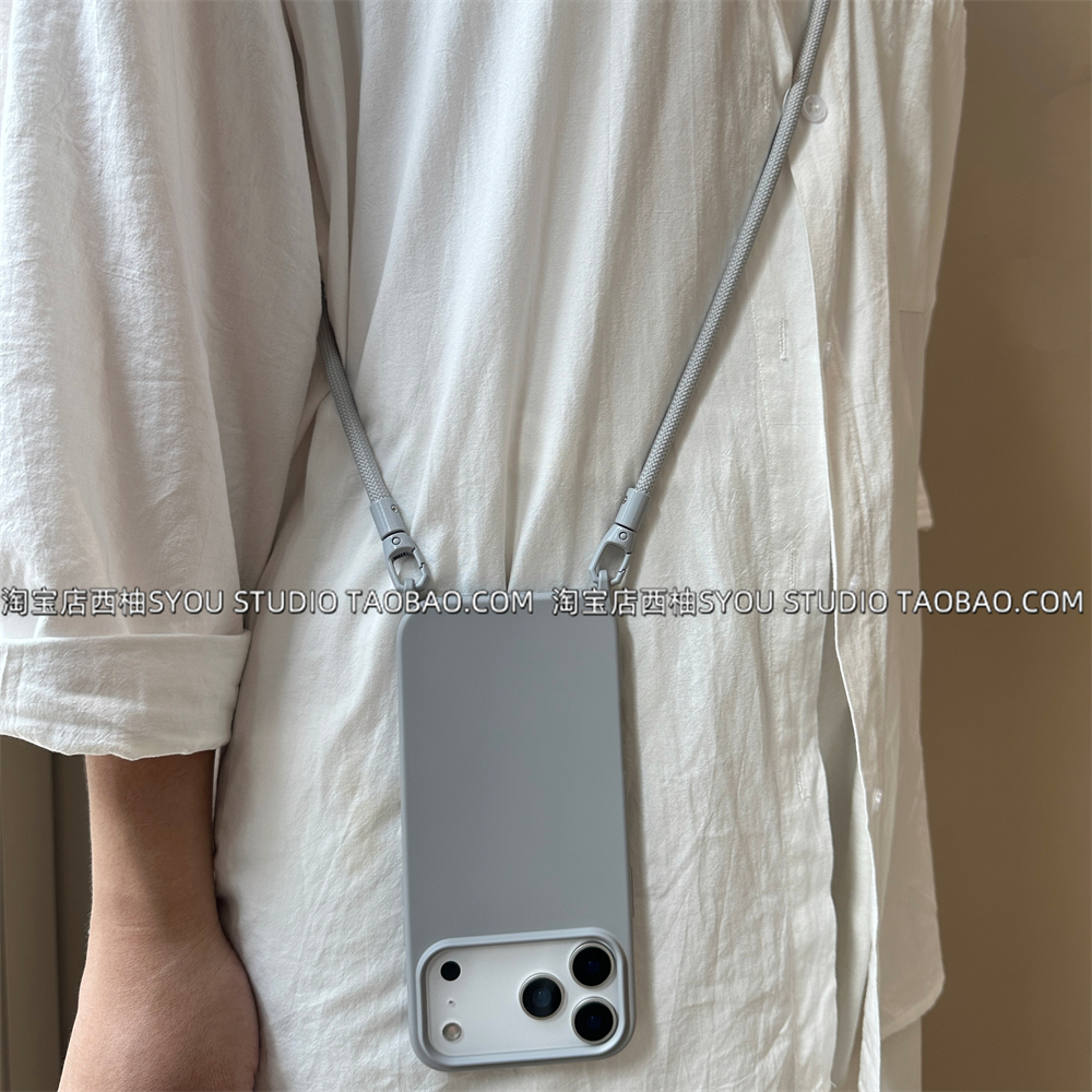 适用苹果17Promax手机壳iPhone16Pro保护套15Pro新款14灰色一体自带孔挂勾斜挎挂绳可调节斜背便携防摔女生