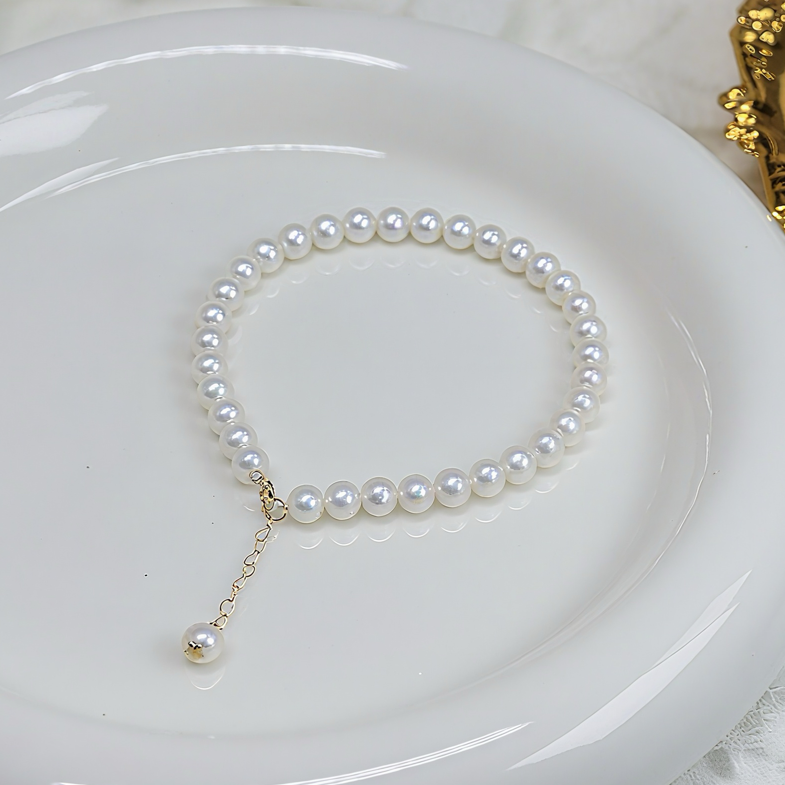 镜面极光近正圆天然珍珠手串18K金配件珠光媲美海水ak可调节手链
