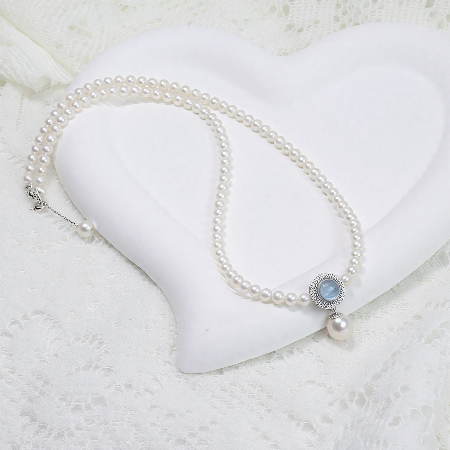 极光天然淡水珍珠海蓝宝项链极强光近正圆小米珠S925银锁骨毛衣链