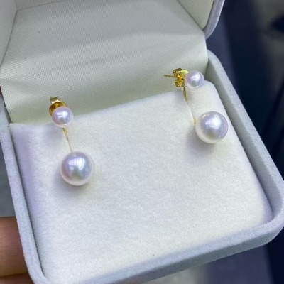 宋慧乔赫本同款双珠耳环日本akoya海水天然珍珠18K金耳钉一款双戴