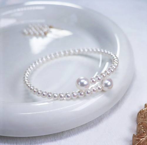 镜面极光天然淡水珍珠手串记忆软钢圈手链近正圆小米珠女弹力手镯