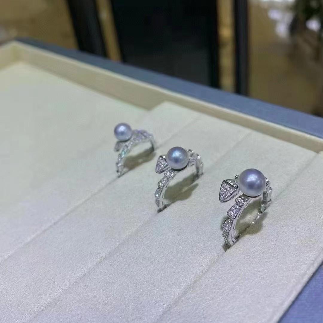 真多麻海水珍珠戒指银灰色S925纯银活口蛇戒7mm极光正面无瑕