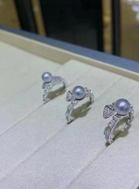 真多麻海水珍珠戒指银灰色S925纯银活口蛇戒7mm极光正面无瑕