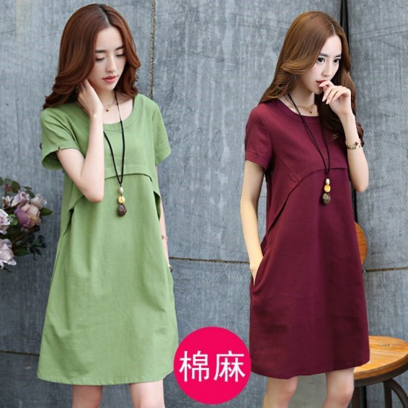 。孕妇装夏装上衣短袖夏天妈妈怀孕的衣服中长款棉麻孕妇连衣裙纯