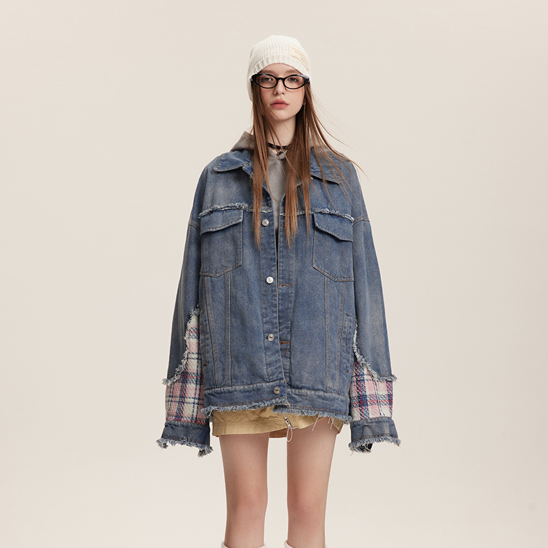 模特图W421春季小香风拼接牛仔夹克P150控205，男装夹克，新杭派391(FUSEEHO 391)