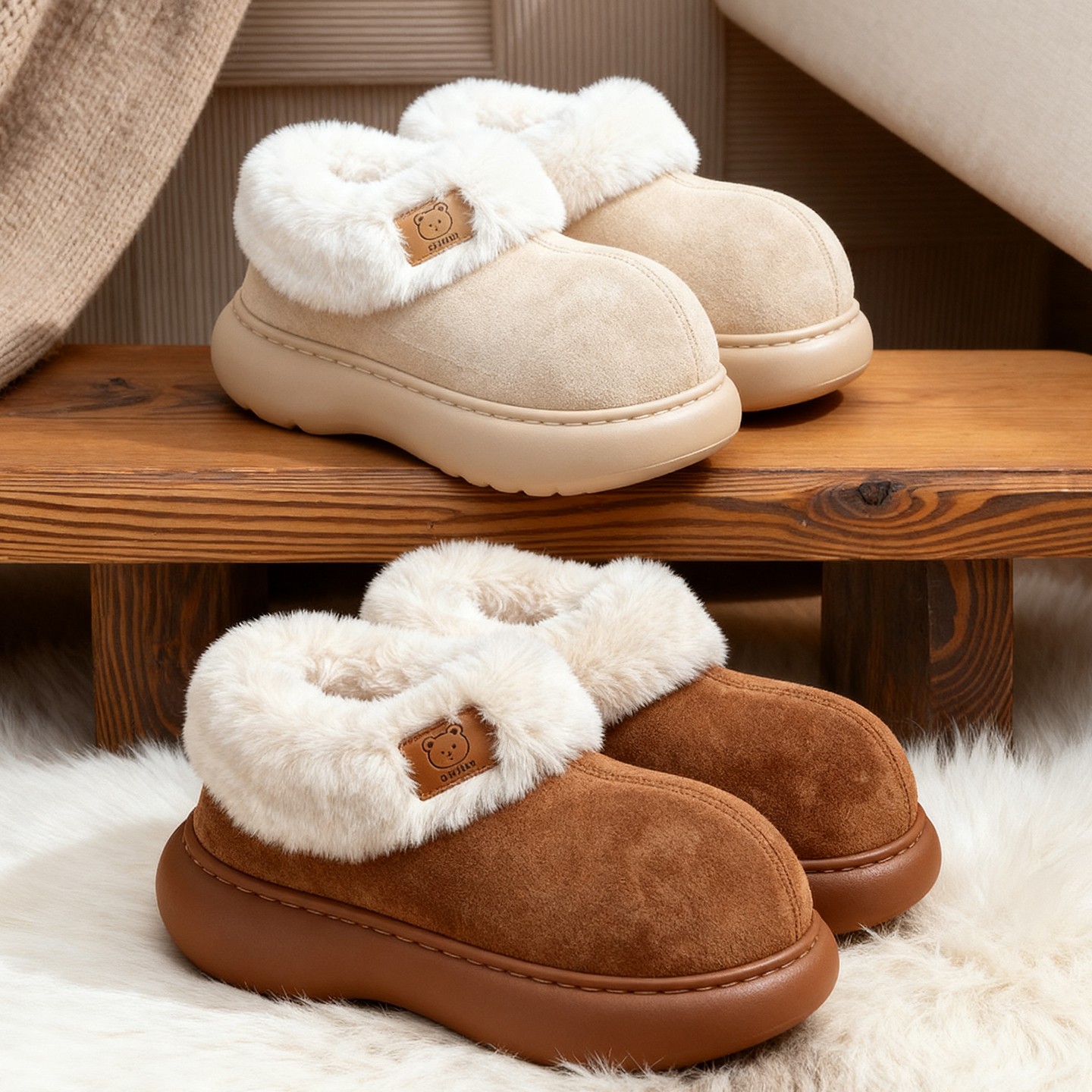 可爱小熊棉拖鞋女款包跟厚底防滑