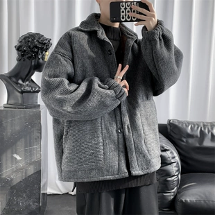 港风潮牌毛呢棉衣外套男冬季 加绒加厚宽松休闲纯色百搭呢子棉服