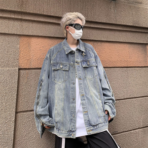美式复古拉链水洗牛仔外套男款秋季潮牌百搭宽松休闲翻领工装夹克