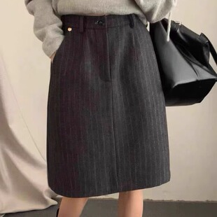 深灰色条纹半身裙秋冬高腰显瘦A字裙中裙