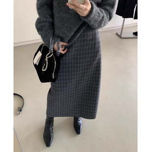 灰色格子气质时尚高腰毛呢半身裙女通勤直筒裙后开叉中长款裙子
