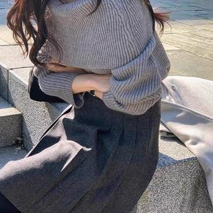 羊毛呢半身裙秋冬女高腰百搭显瘦百褶裙冬季a字裙中裙