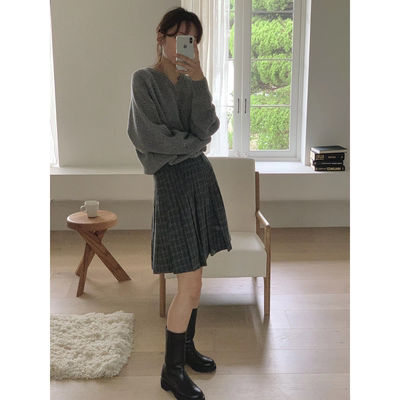 文气有质感！裙型狂赞！秋冬灰色羊毛洋气格子百褶裙A字裙半身裙