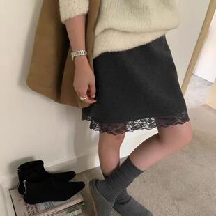 下摆蕾丝花边拼接灰色羊毛呢短裙秋冬显瘦高腰A字裙半身裙