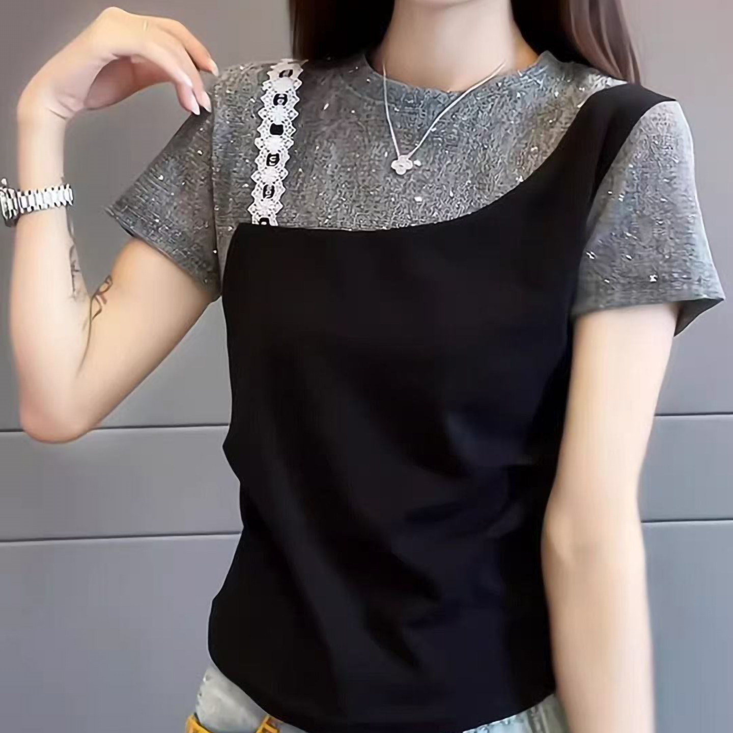 2026新款亮闪闪正肩短袖t恤女夏季时尚假两件小个子百搭T恤上衣女