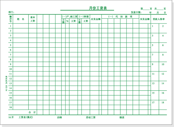 16月份工资表横式报表办公财务