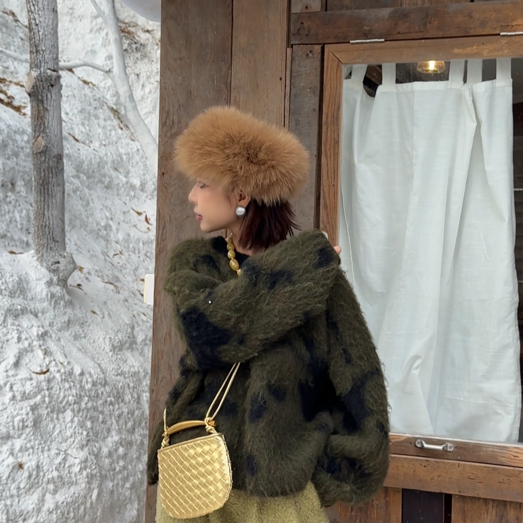 NXJ【多肉迷彩】微胖大码 重工刷毛高克重宽松大版套头毛衣 25110