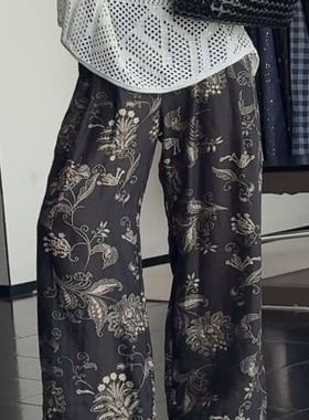 【黑珍珠】微胖大码  欧货轻奢复古花纹老钱麻料阔腿裤长裤 25072