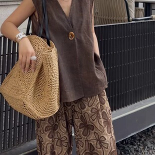 长裤 NXJ 刺绣晕染麻料阔腿裤 微胖大码 260328 月影婆娑