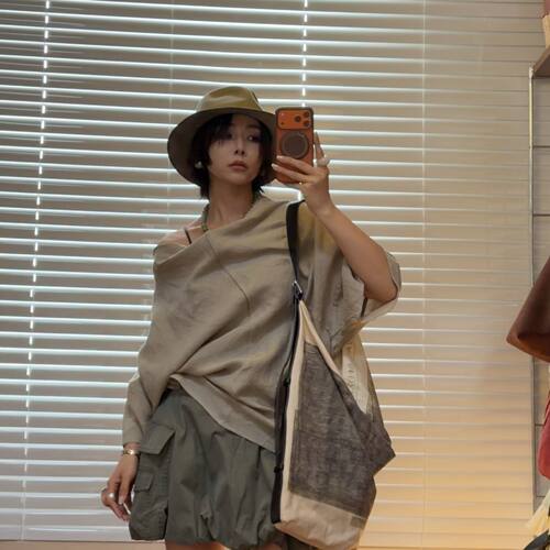 【解构主义】微胖大码 小众立体剪裁档领全麻上衣T恤女 260415