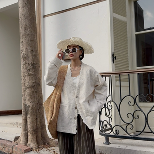 外套250305白 NXJ 重工刺绣原麻宽松大版 微胖大码 麻 乱世佳人