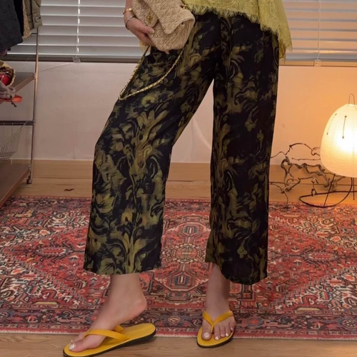 【梨花带雨】微胖大码 复古花纹天丝亚麻阔腿九分裤女  260750